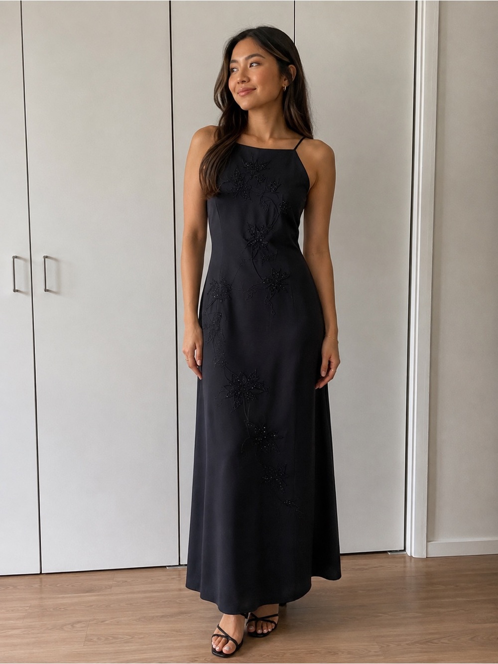 Reggio Vintage navy blue Beaded Floral Maxi Dress.
